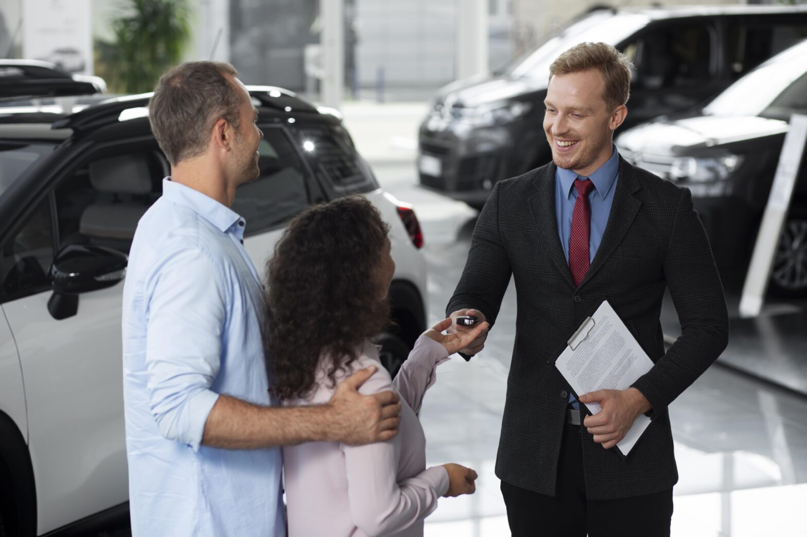 happy couple car showroom dealership